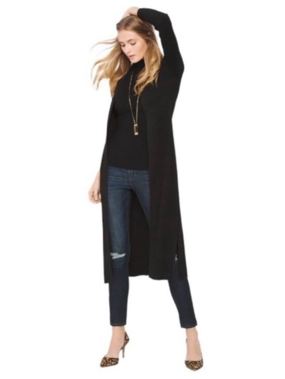 WHBM 2p Sweater Set Sleeveless Turtleneck L/S Duster Black SP PS $175 EUC